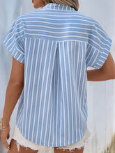 Perfee Half Button Striped Short Sleeve Blouse OutfitFlow